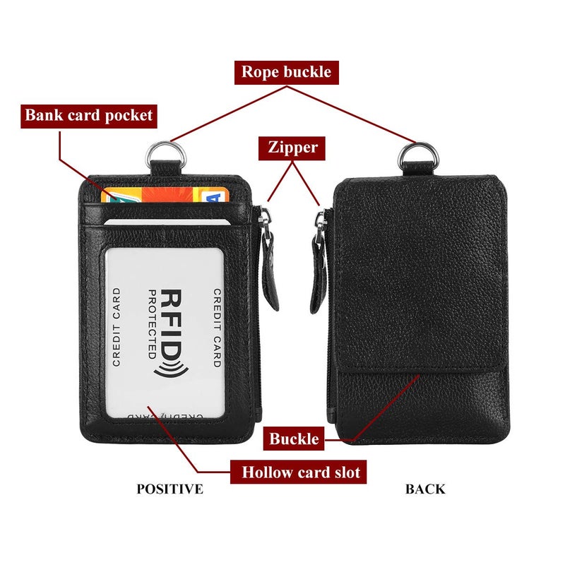 HAWEE Badge Holder with Zipper Genuine Leather RFID Keychain Wallet Neck Lanyards with Swivel Hook for Card/Coin/Cash, Black - Image 5